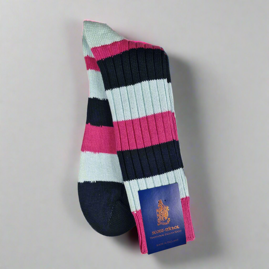 Navy Blue, Pink & Light Blue Striped Sock, Large, Scott - Nichol