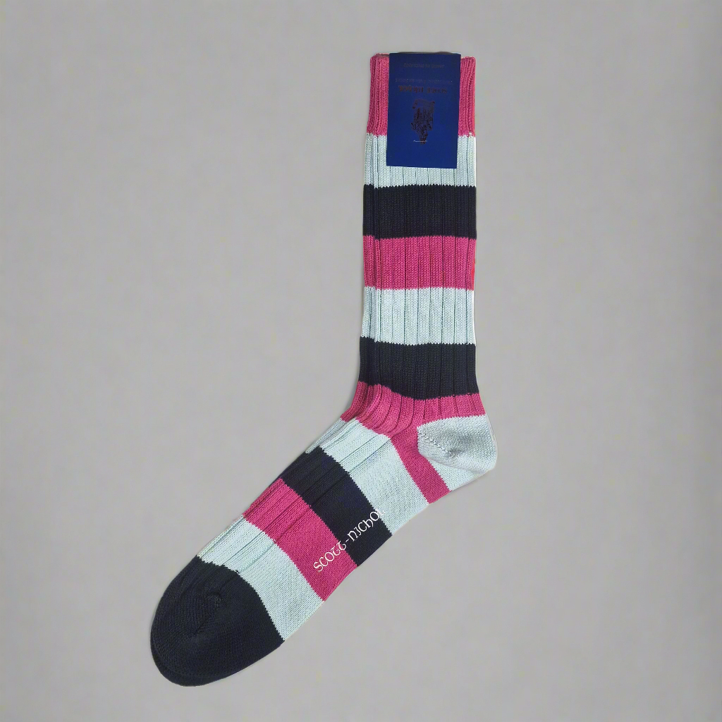 Navy Blue, Pink & Light Blue Striped Sock, Large, Scott - Nichol