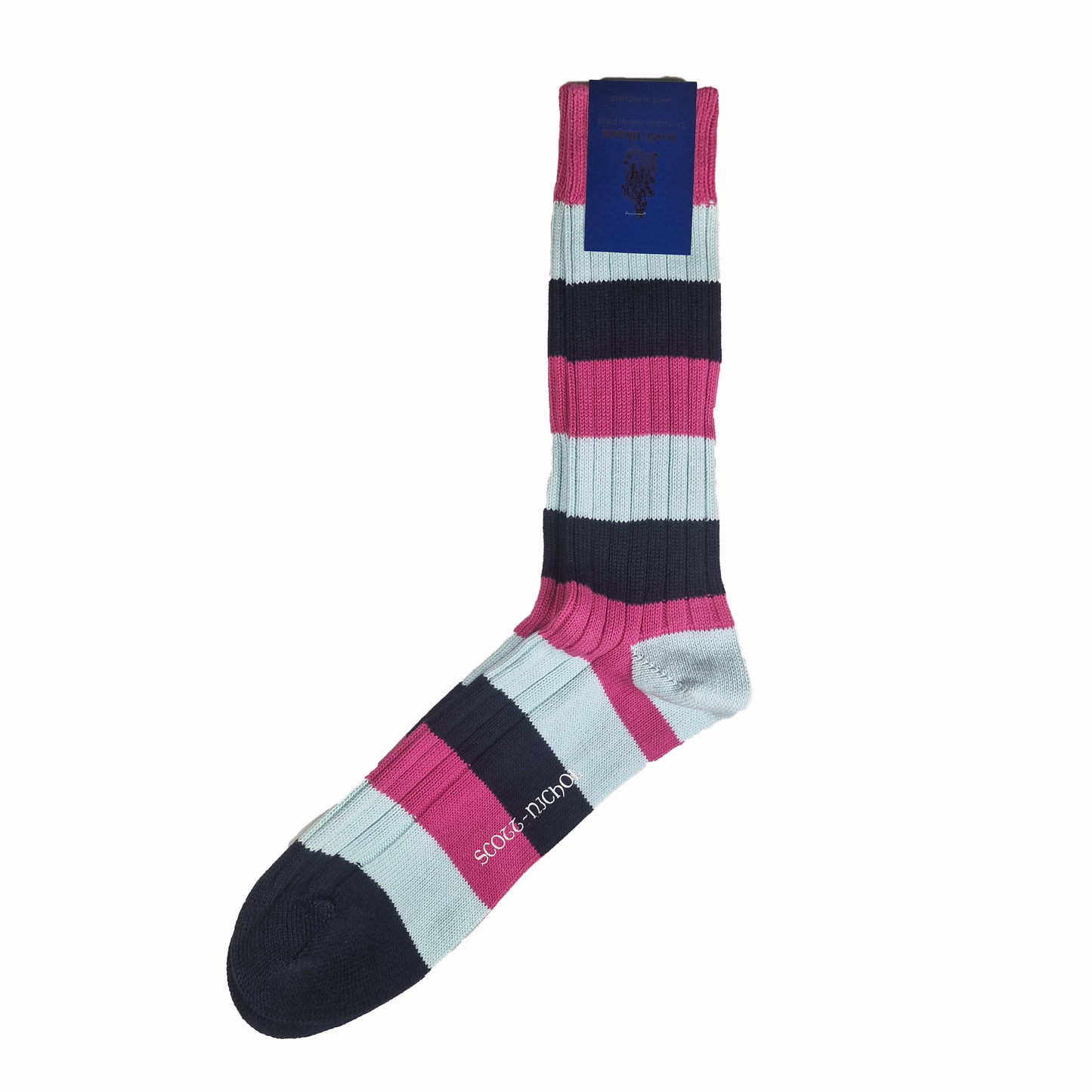 Navy Blue, Pink & Light Blue Striped Sock, Large, Scott - Nichol