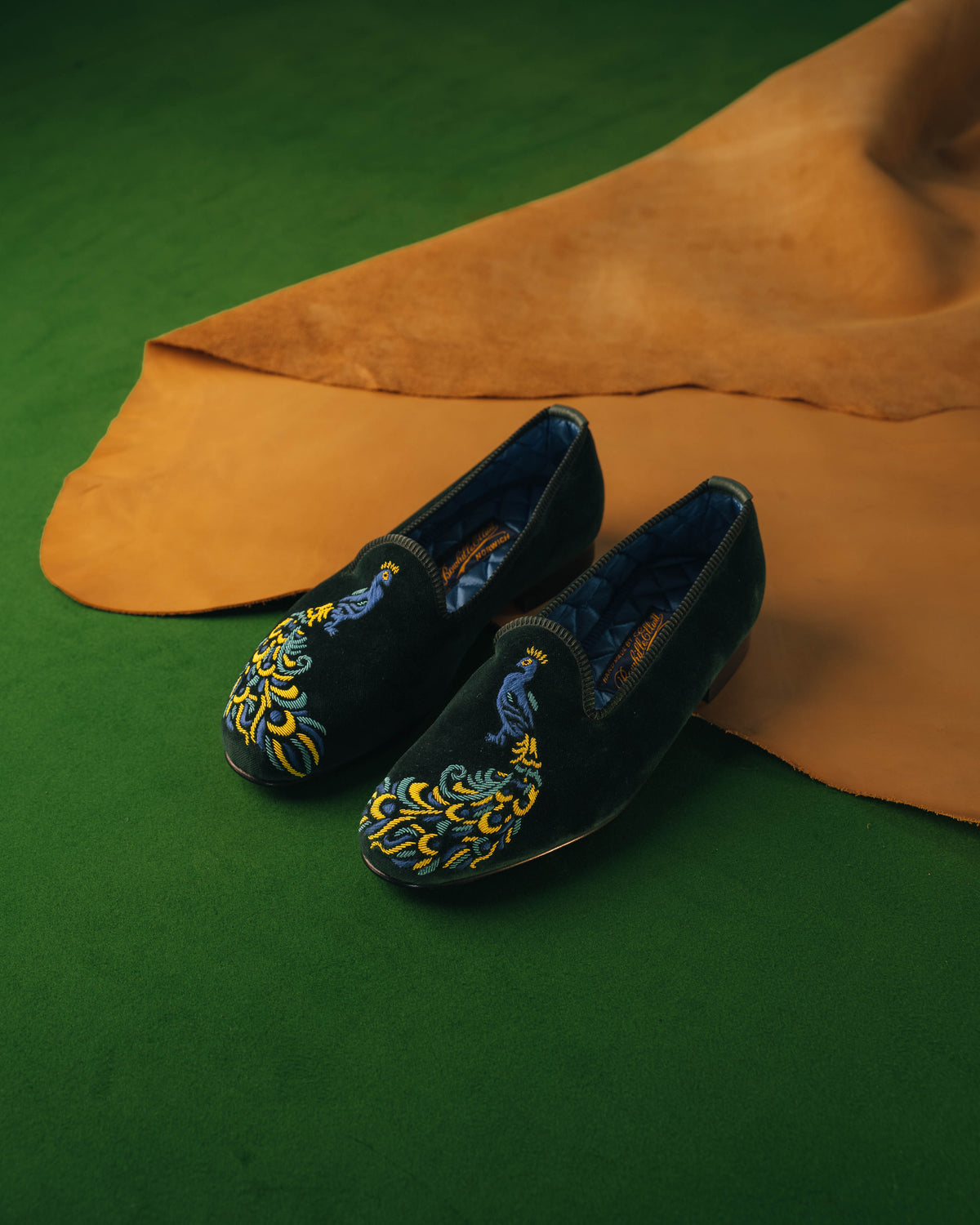 Green Velvet Venetian Peacock, Herrslippers, Bowhill & Elliott