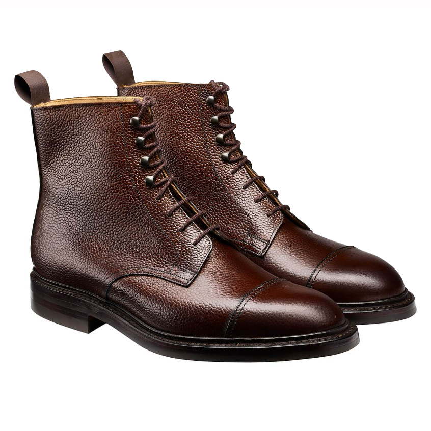 Coniston, dark brown scotch grain boot made in leather, branded Crockett & Jones