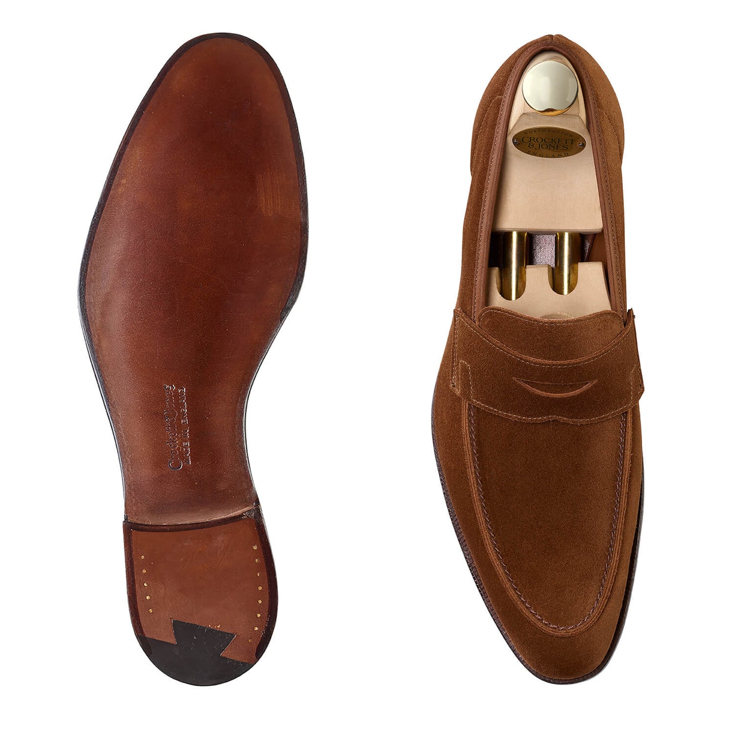 Cadogan, tobacco suede penny loafer made in leather, branded Crockett & Jones