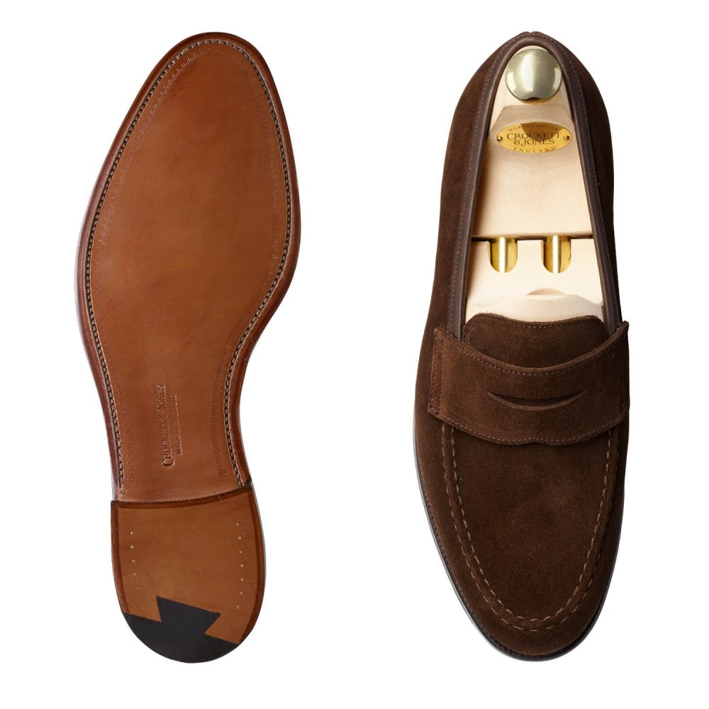 Boston, dark brown suede loafer made in leather, branded Crockett & Jones