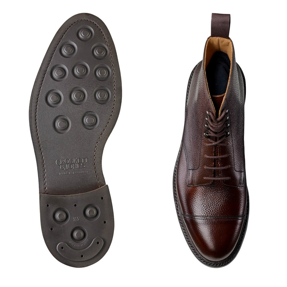 Coniston, dark brown scotch grain boot made in leather, branded Crockett & Jones